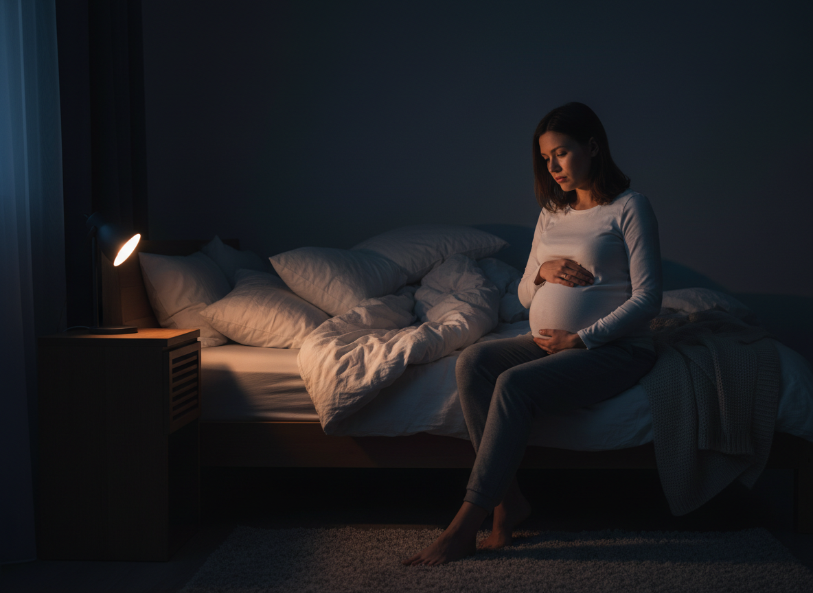 Pregnant woman sitting awake on the edge of her bed at night beside a stack of ordinary pillows