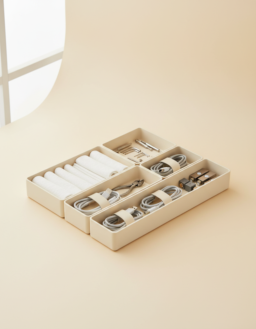 Modular cream drawer organizer trays holding small everyday items