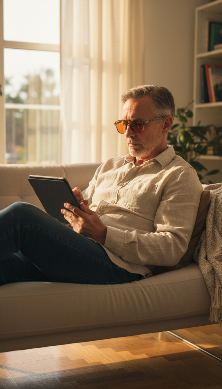 Customer reading a tablet while wearing the St Barts⁺ Safari Sunset bluelight frames