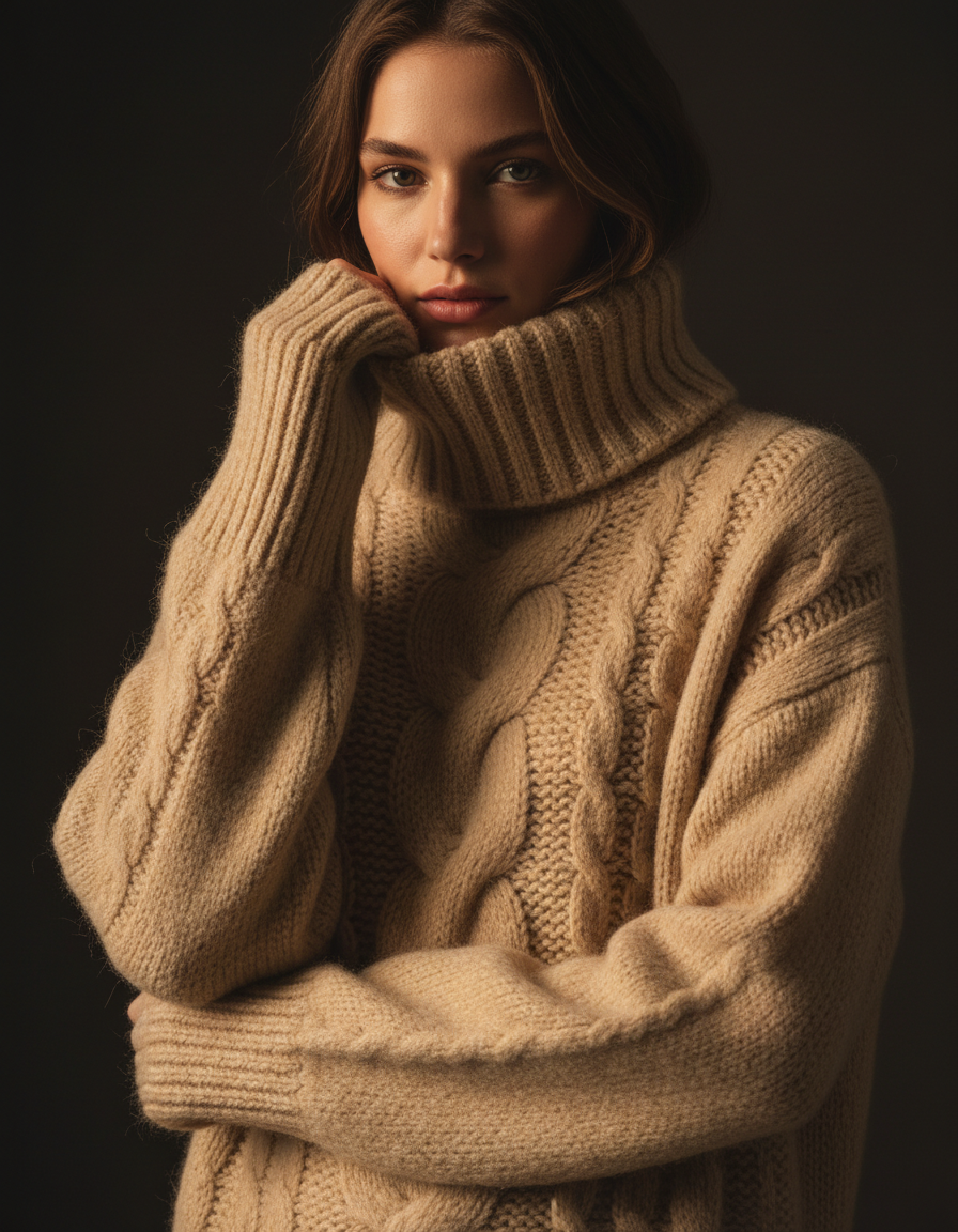 Model in a heavy oatmeal cashmere knit