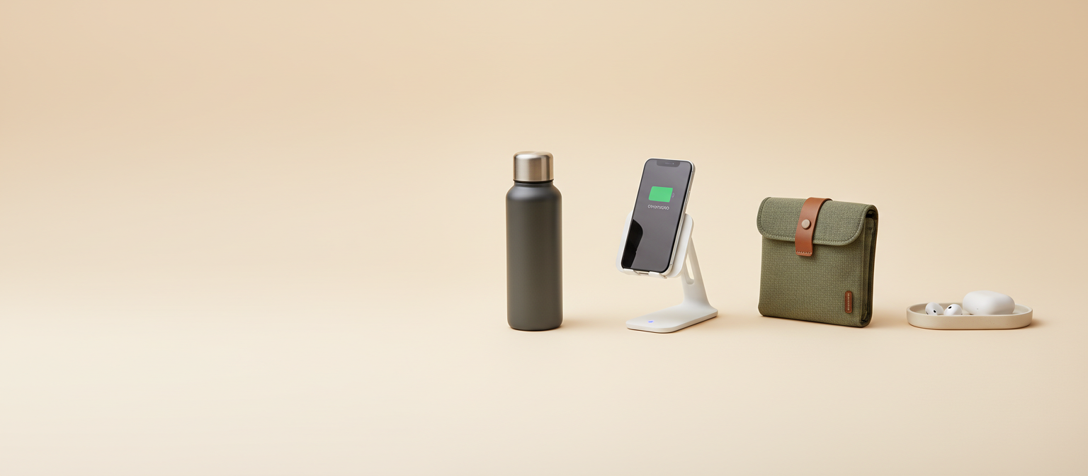 Row of everyday products — bottle, charging stand, travel organizer and tray — on a warm ivory sweep