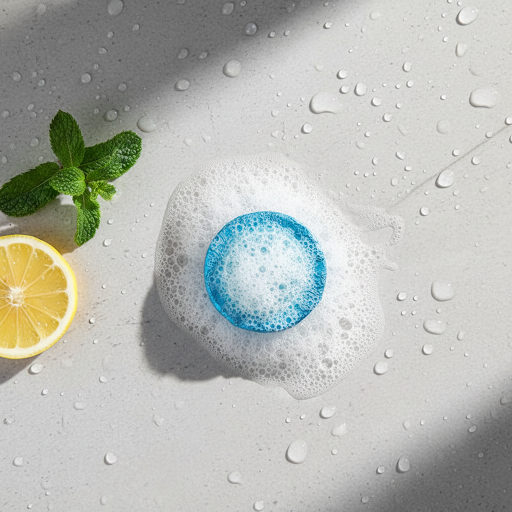 A shower steamer fizzing on wet stone beside mint leaves and citrus
