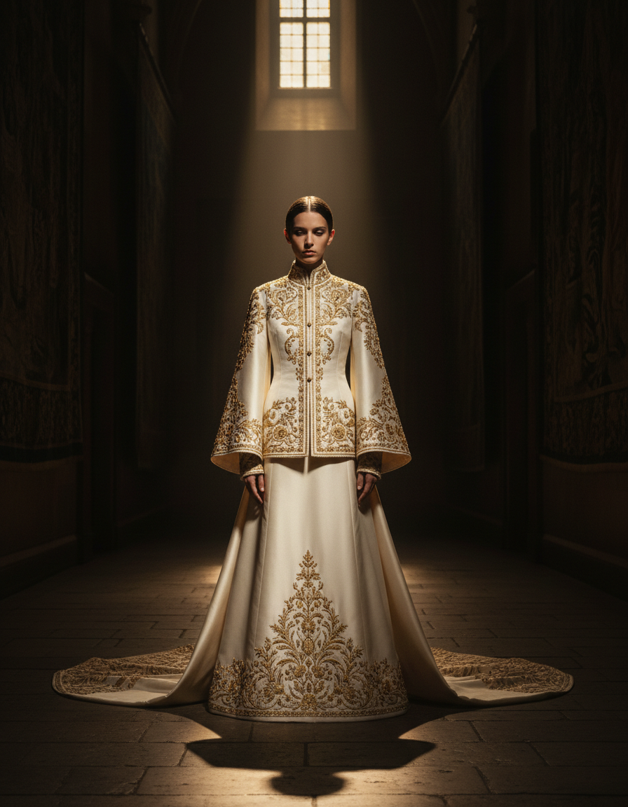 Ivory and gold ceremonial silk ensemble