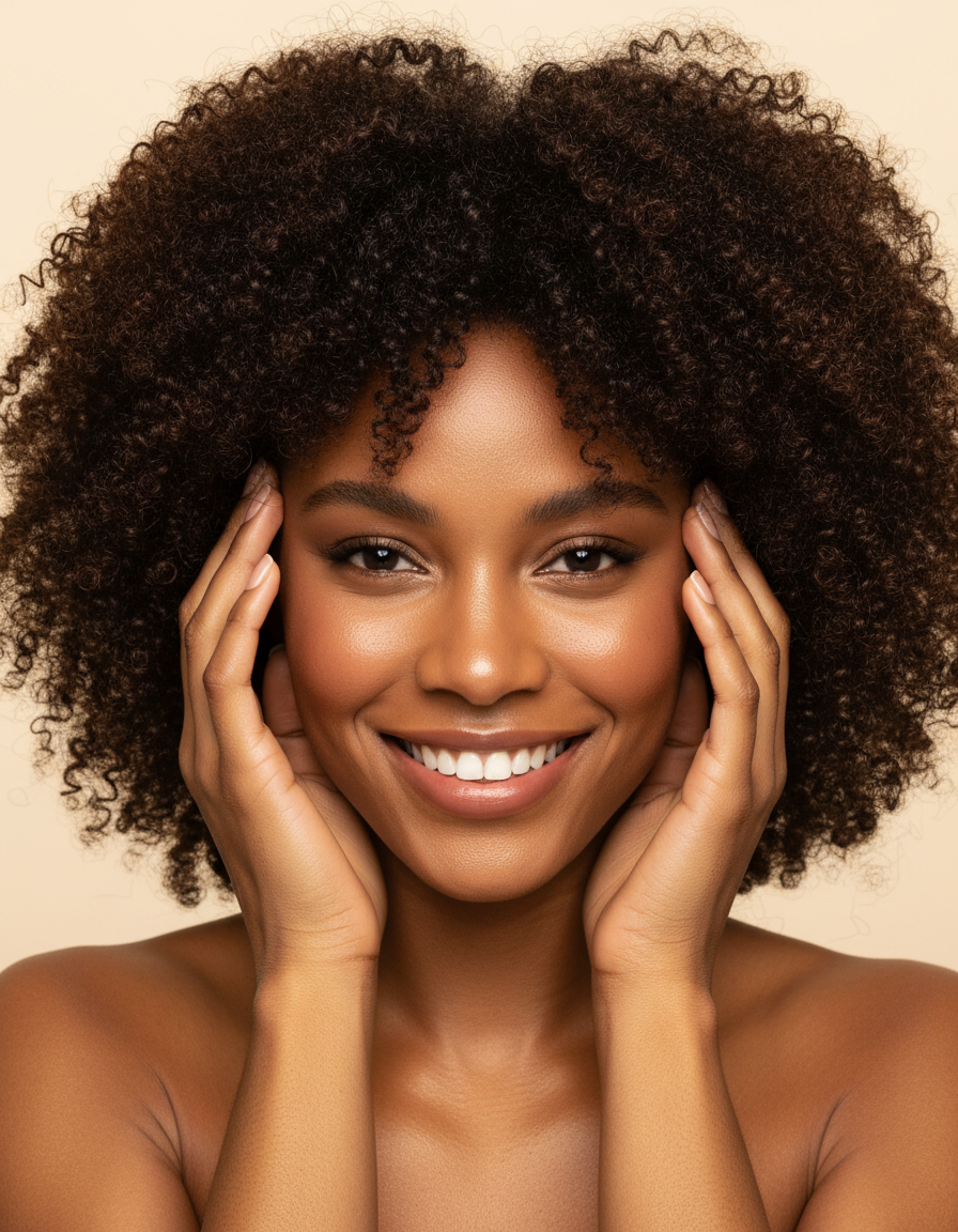 Smiling customer with thick, healthy natural curls
