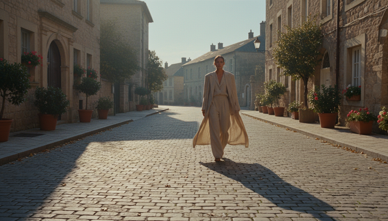 Woman walking in a beige linen co-ord set