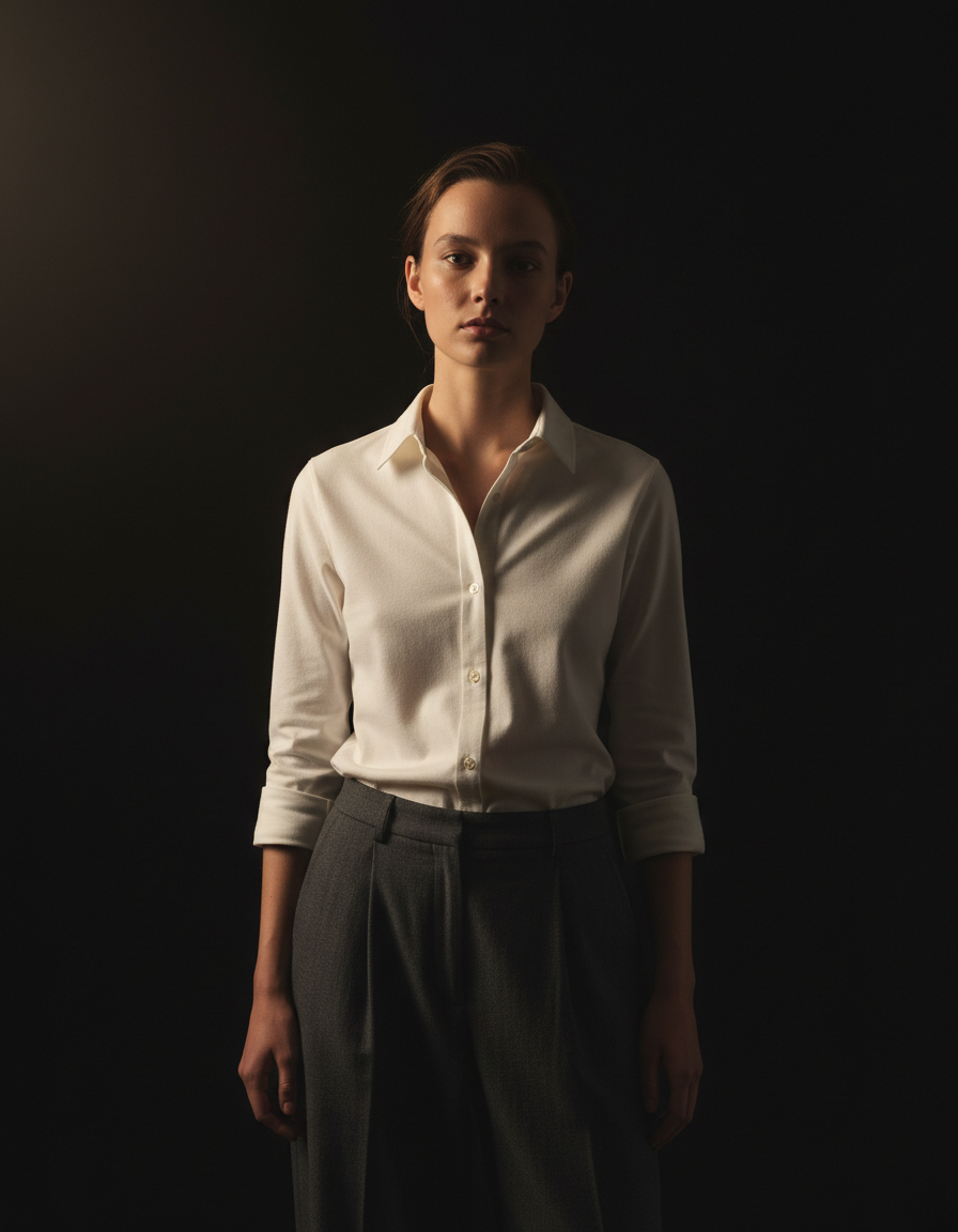 Model in an ivory cotton shirt and dark trousers