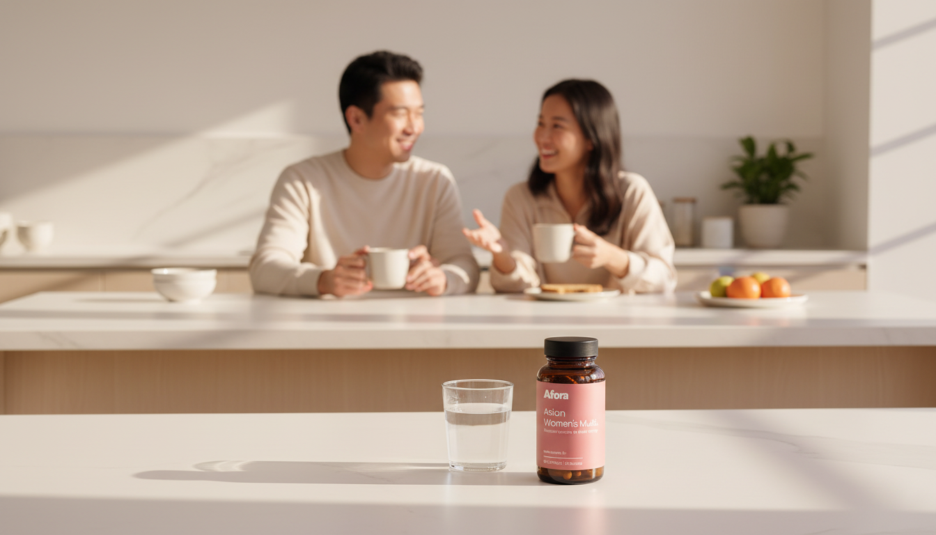 A couple at breakfast in a sunlit kitchen with their Afora bottles on the counter