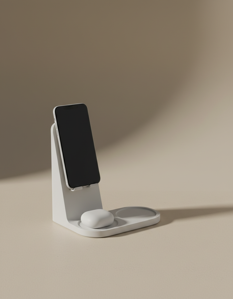 Matte white 3-in-1 charging stand with phone and earbuds case in warm side light