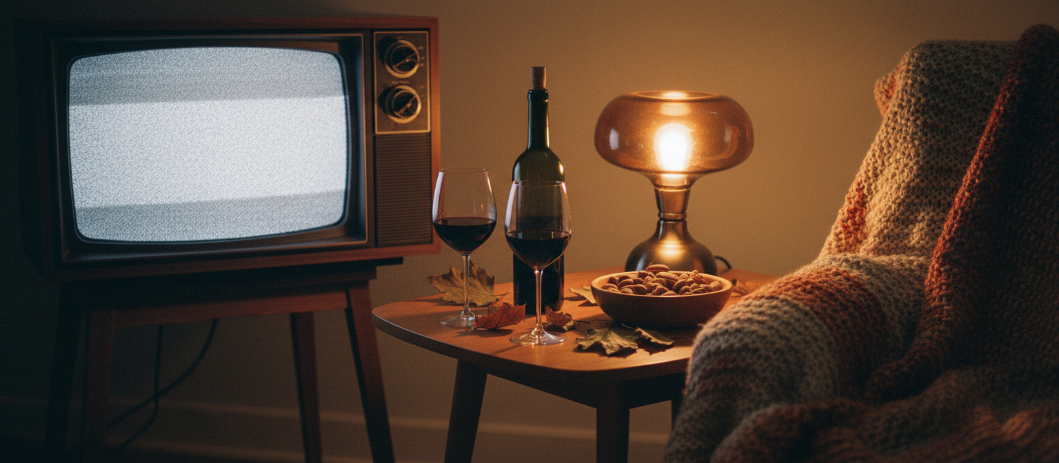 Two glasses of red wine and an open bottle on a wooden table beside a glowing vintage 1970s television in warm lamplight