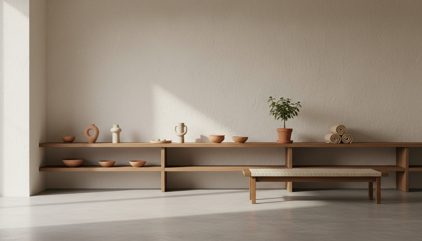 A calm, sunlit living space with oak shelving, linen towels and ceramics
