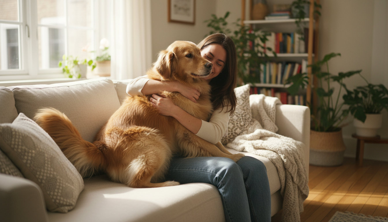 Dueña abrazando a su perro en el sofá