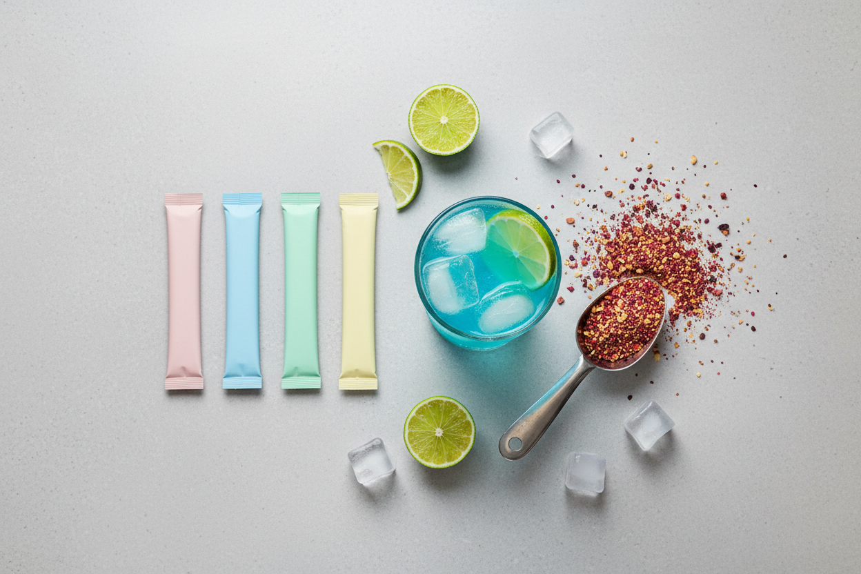 Flat lay of loaded tea powder packets beside a bright blue iced drink, ice and a lime slice