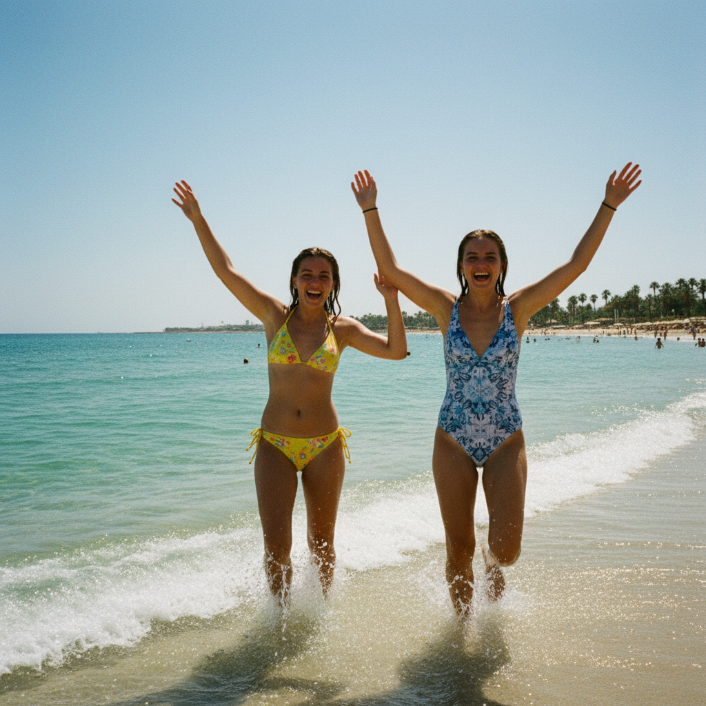Two friends running into turquoise sea on holiday