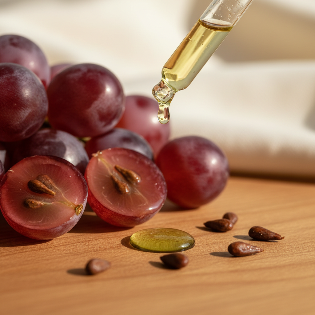 Red grapes and grape seeds with grapeseed oil