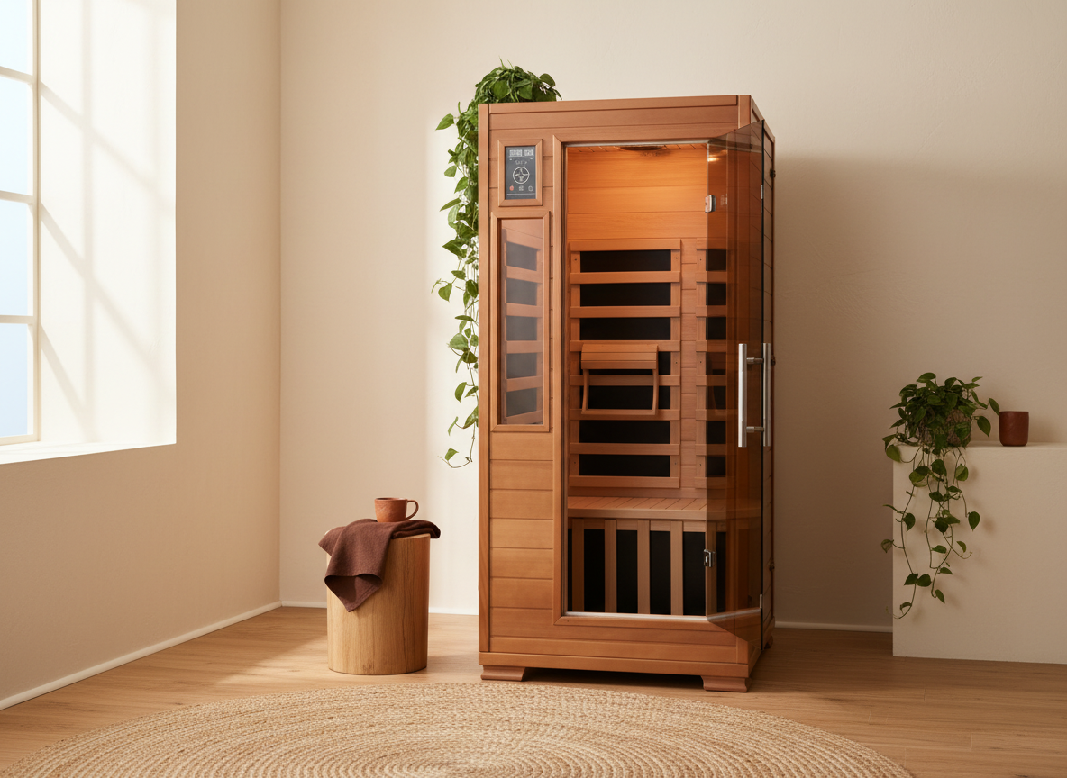 A Canadian hemlock infrared sauna glowing warmly in a calm cream-walled room beside an oak stool with a linen towel and tea
