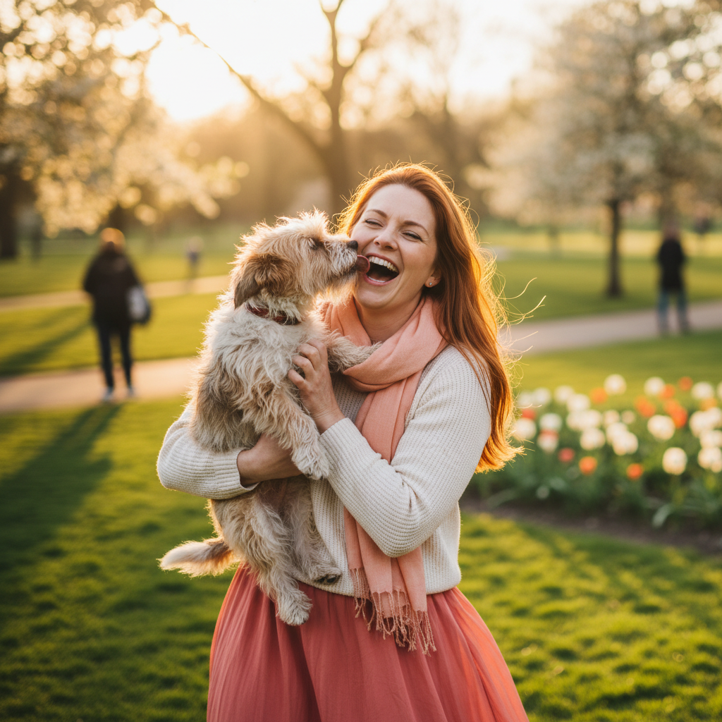 A woman laughing as her scruffy terrier licks her cheek in a sunny park