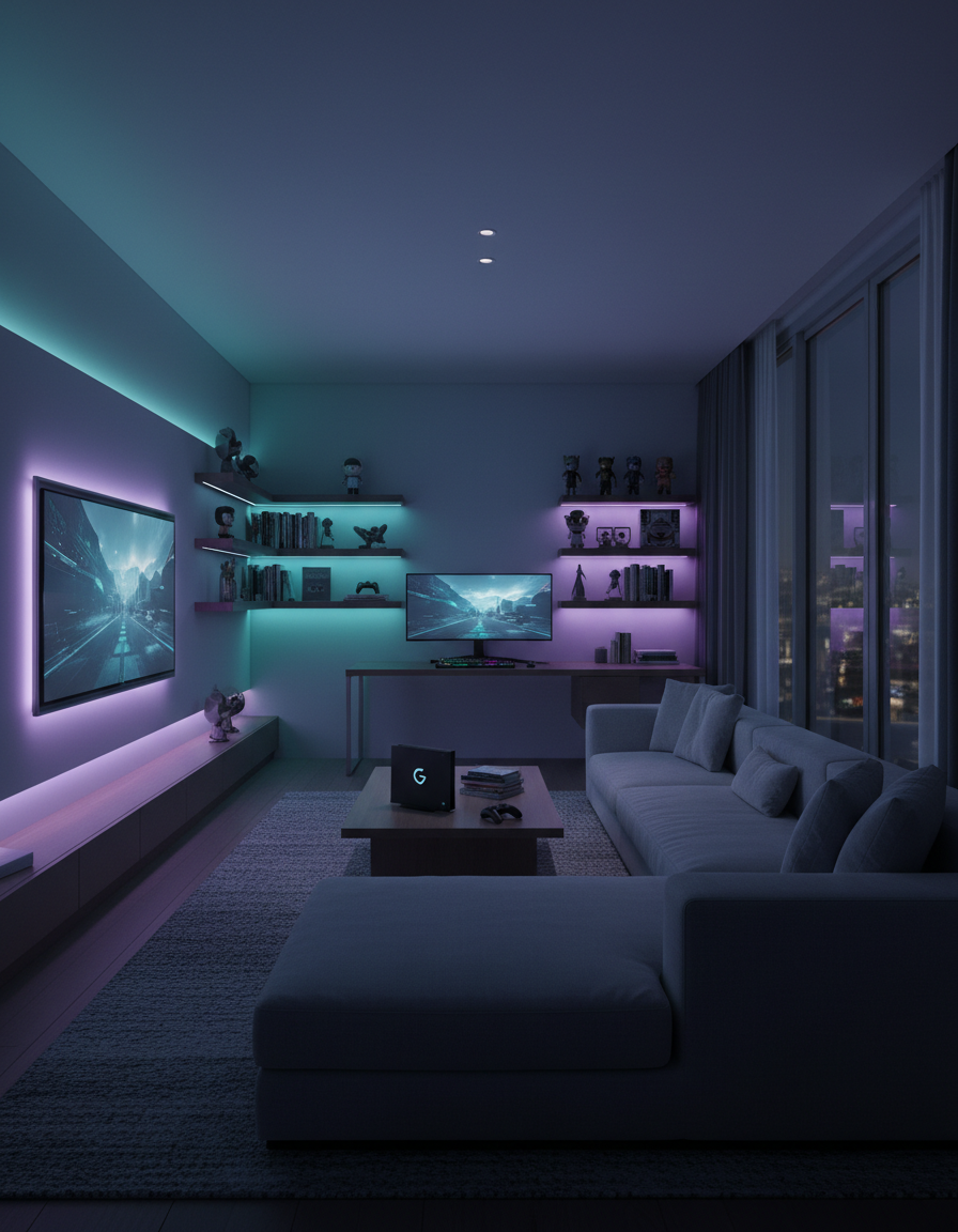A living room glowing with teal and purple LED strip lighting