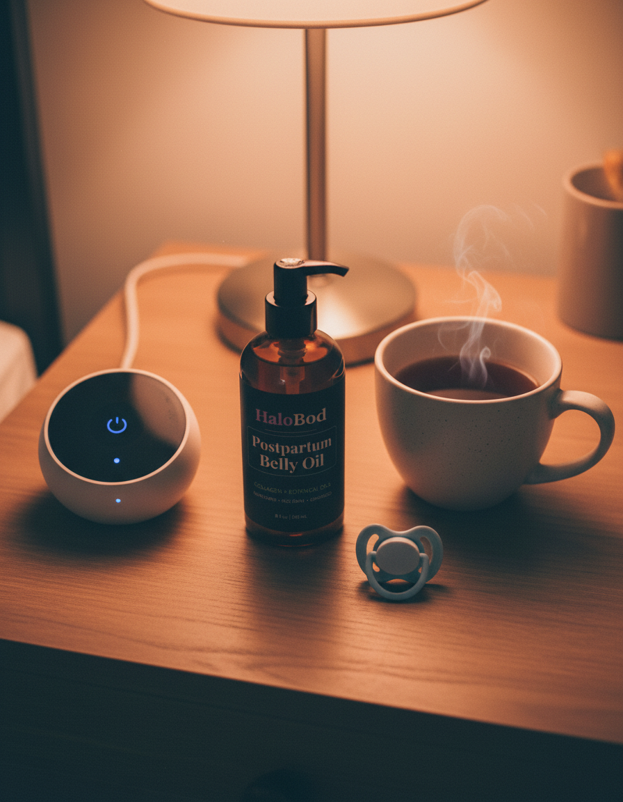 Postpartum Belly Oil on a nightstand next to a baby monitor and tea