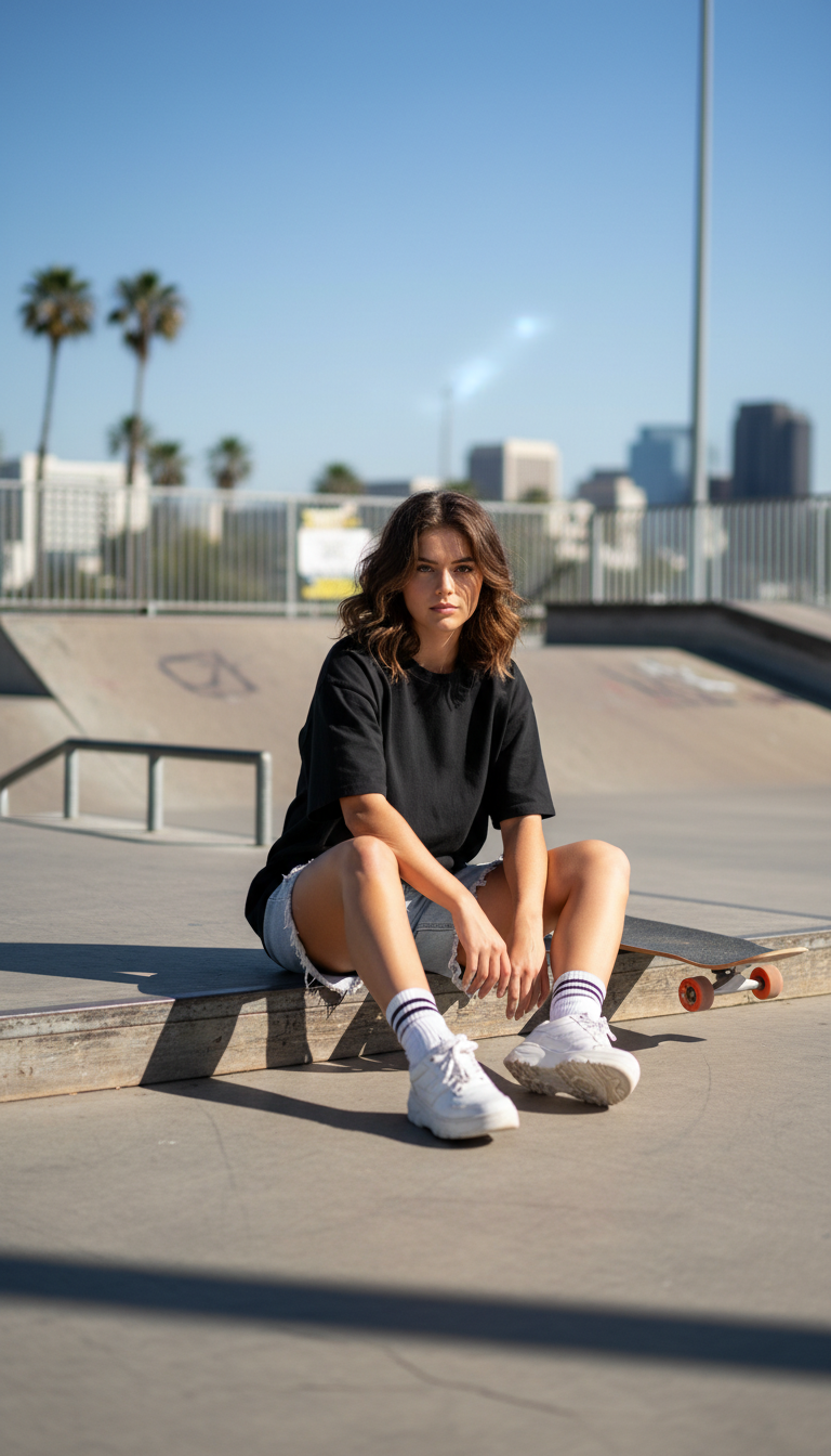 Customer in an oversized black tee at a skatepark