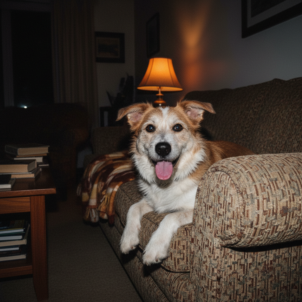 Happy scruffy dog on a sofa lit by flash