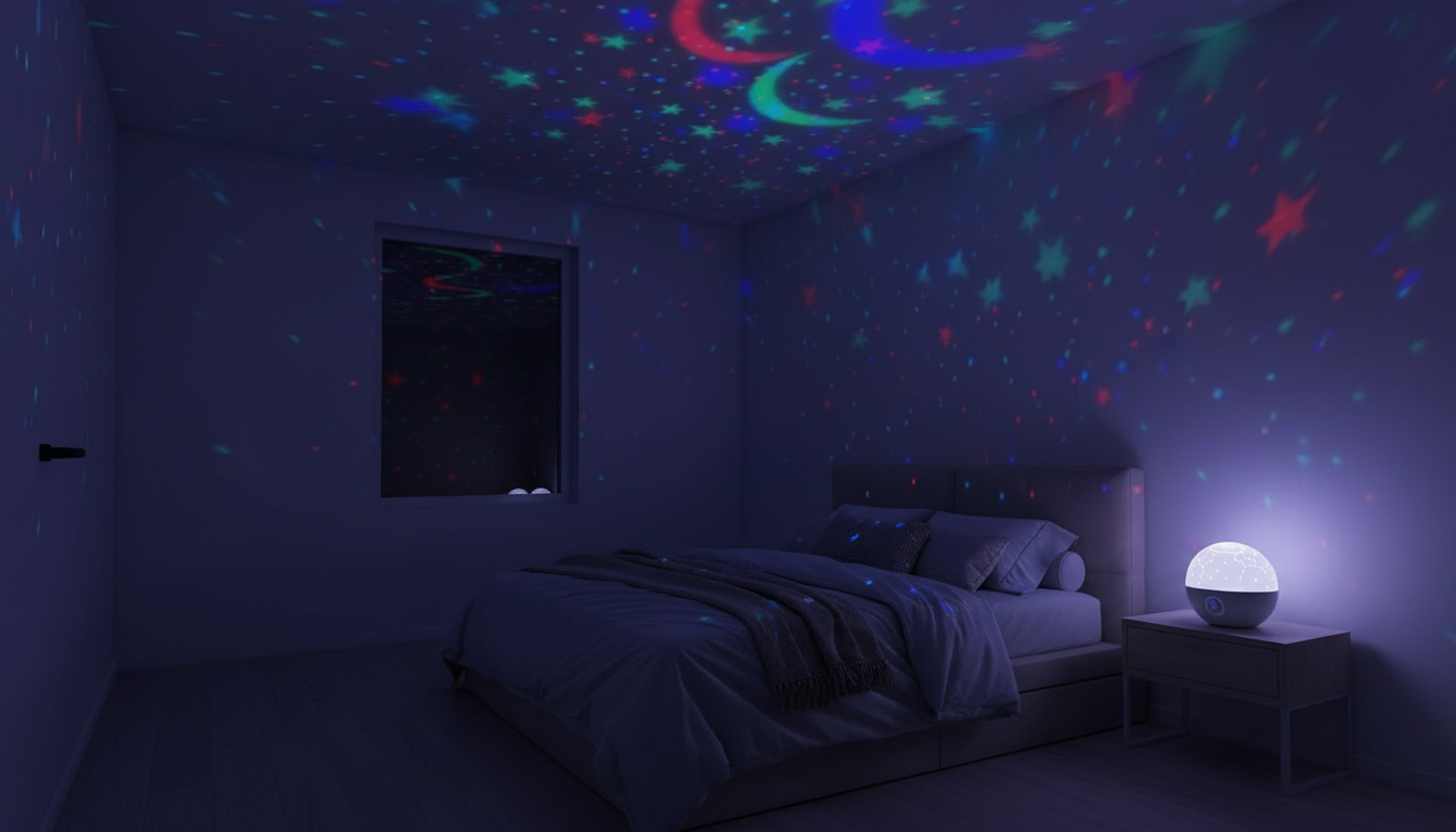 A calm bedroom at night lit with a starry sky projector lamp