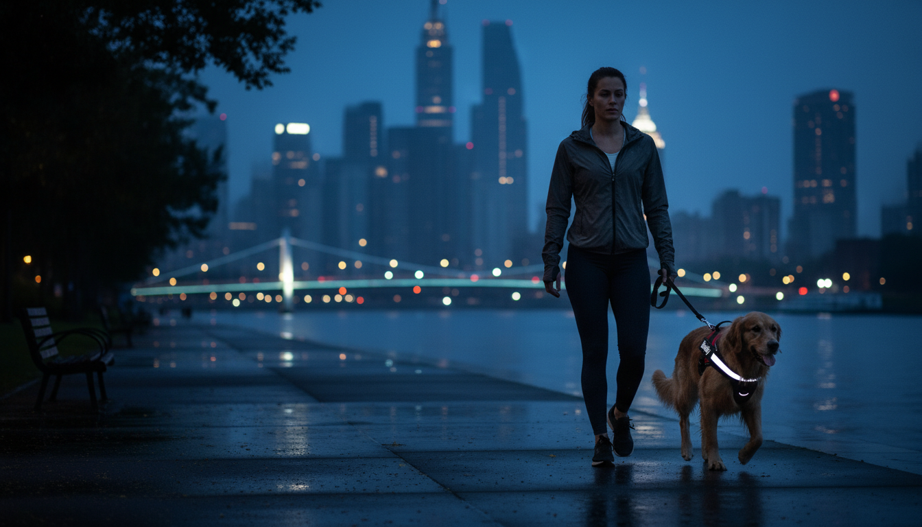 A runner walking a dog wearing a reflective harness at dusk by the river