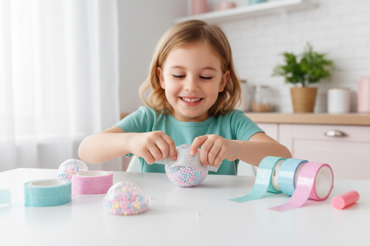 Dítě u kuchyňského stolu tvaruje squishy z třpytivé nano pásky