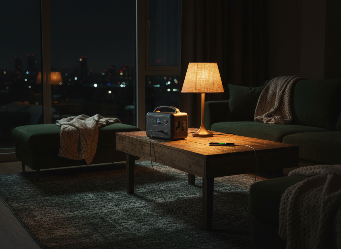 Powerstation versorgt Lampe und Smartphone während eines Stromausfalls