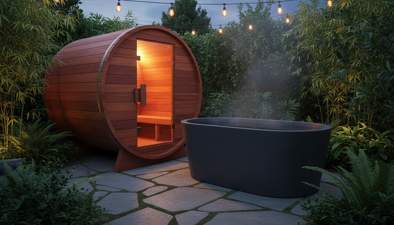 A glowing cedar barrel sauna next to a cold plunge tub on a garden patio at dusk
