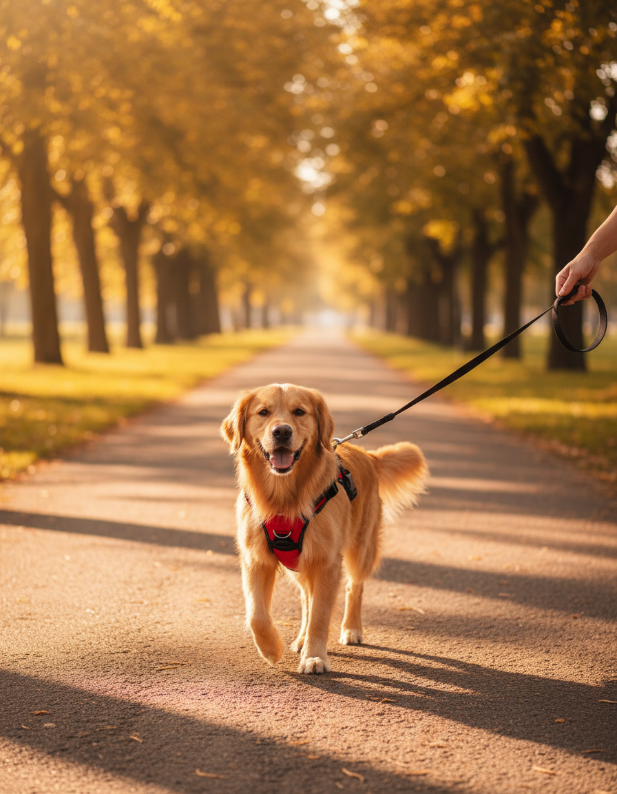 Cheerful dog wearing a no-pull harness on a sunny park walk