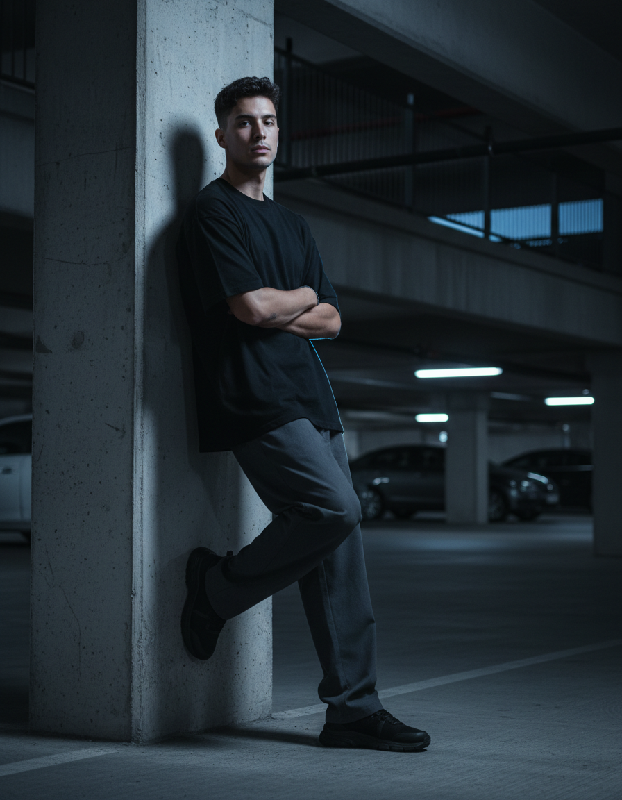 Man in a black streetwear tee leaning on a concrete wall