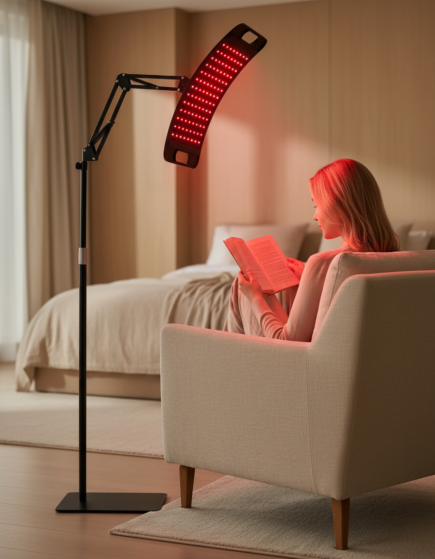 Person reading in an armchair beside a red light therapy lamp at dusk