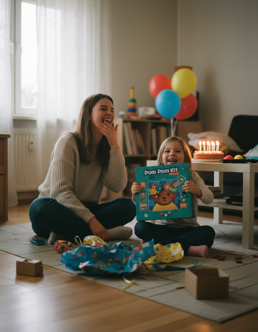 Holčička na narozeninové oslavě s radostí ukazuje rozbalenou Pom Pom sadu, maminka se vedle ní směje
