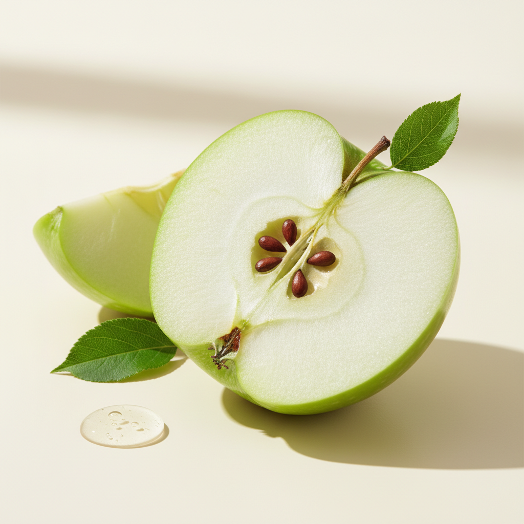A green apple cut in half with leaves
