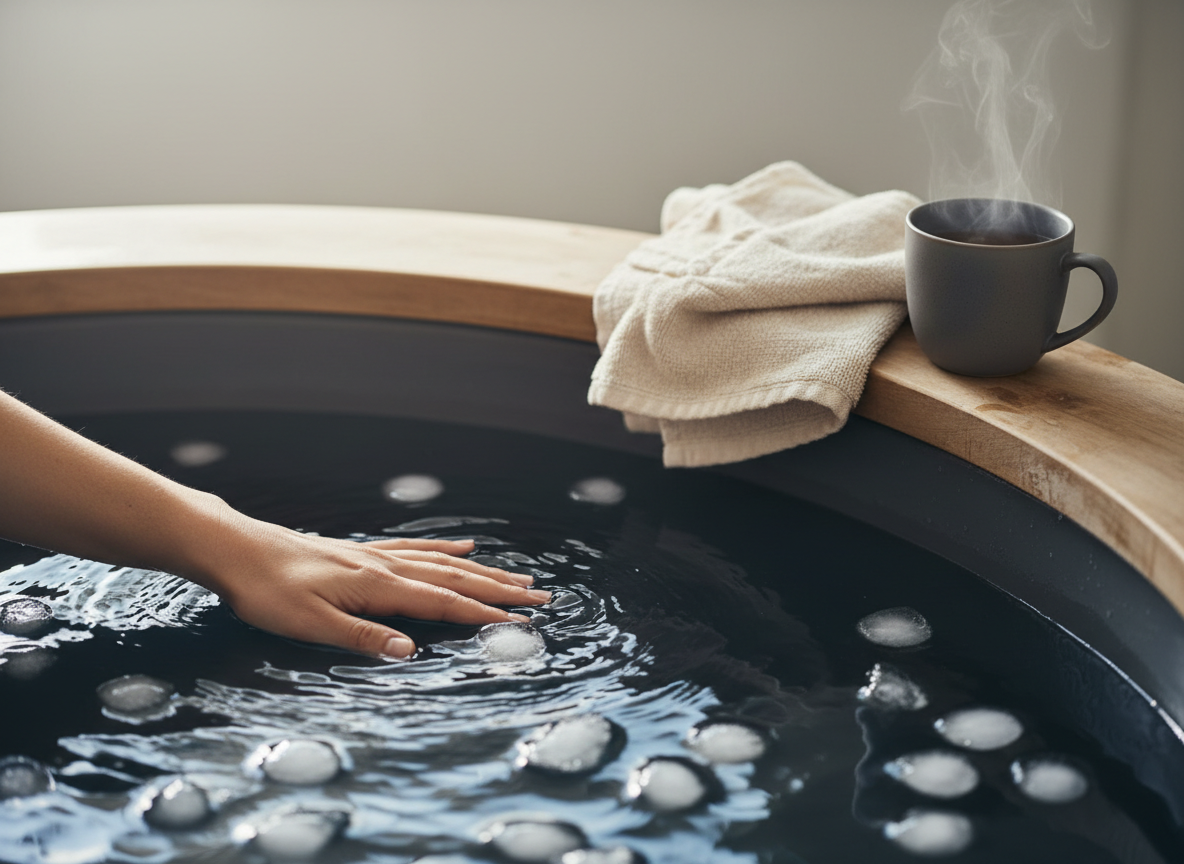 A hand touching icy water with floating ice in a cold plunge tub, beside a linen towel and a cup of warm tea