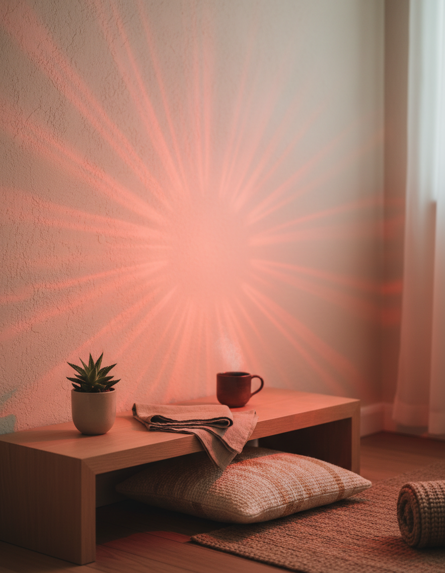 A calm home wellness corner glowing with warm red light beside an oak side table