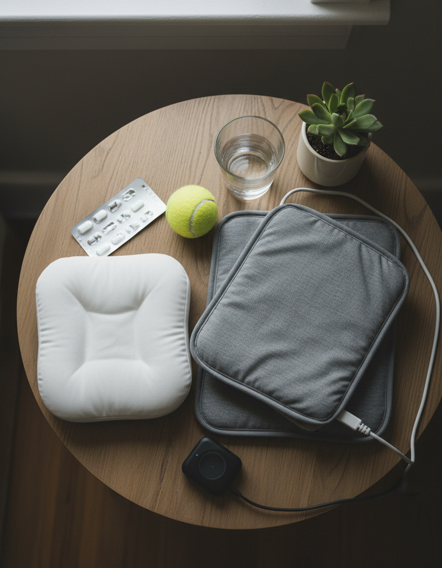 Bedside table covered in a heating pad, foam pillow, pills, tennis ball and a glass of water
