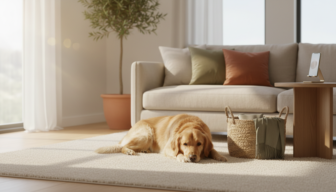 A golden retriever relaxing on a cream rug in a sunlit living room