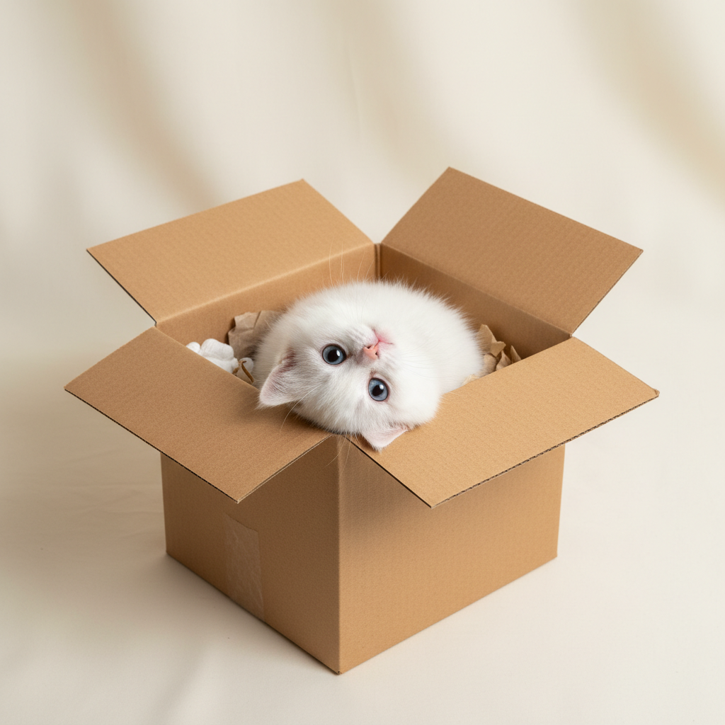 A fluffy white kitten peeking out of a cardboard box with huge eyes