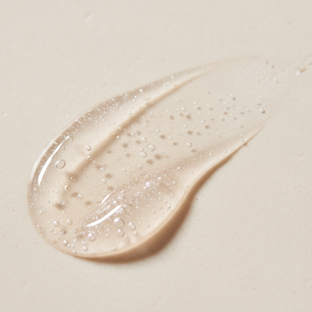 A pearly skincare swatch on stone