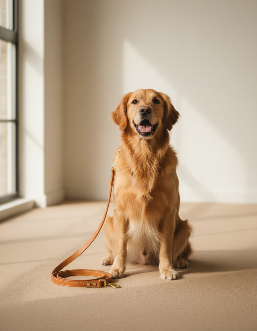 A golden retriever sitting beside a leash