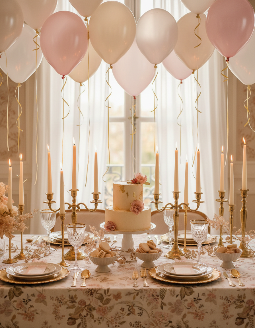 Celebration table styled with pastel balloons and candles