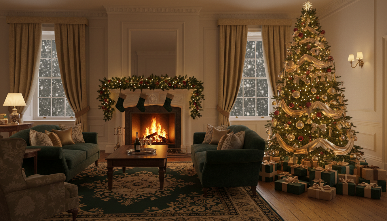 An elegant living room at Christmas with a glowing tree, lit fireplace and wrapped gifts