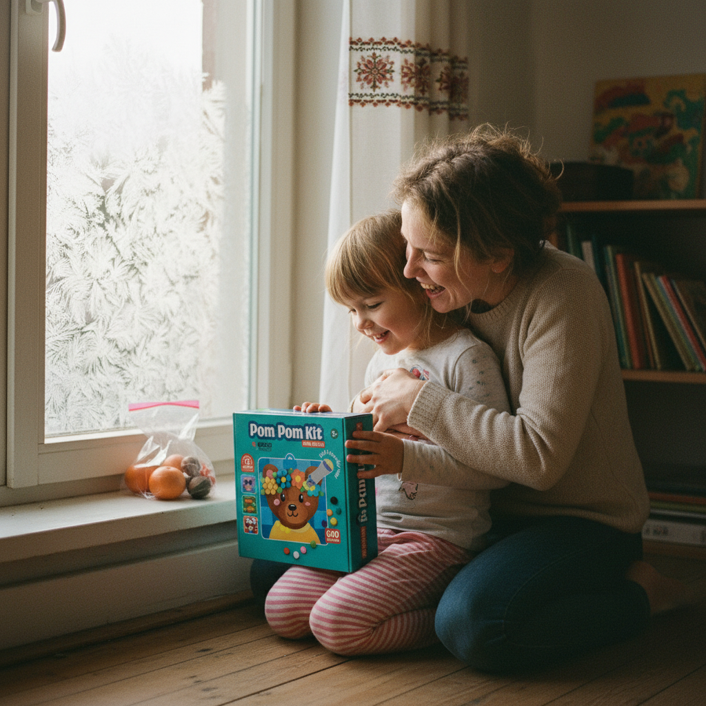 Maminka objímá dceru, která na Mikuláše našla za oknem Pom Pom sadu