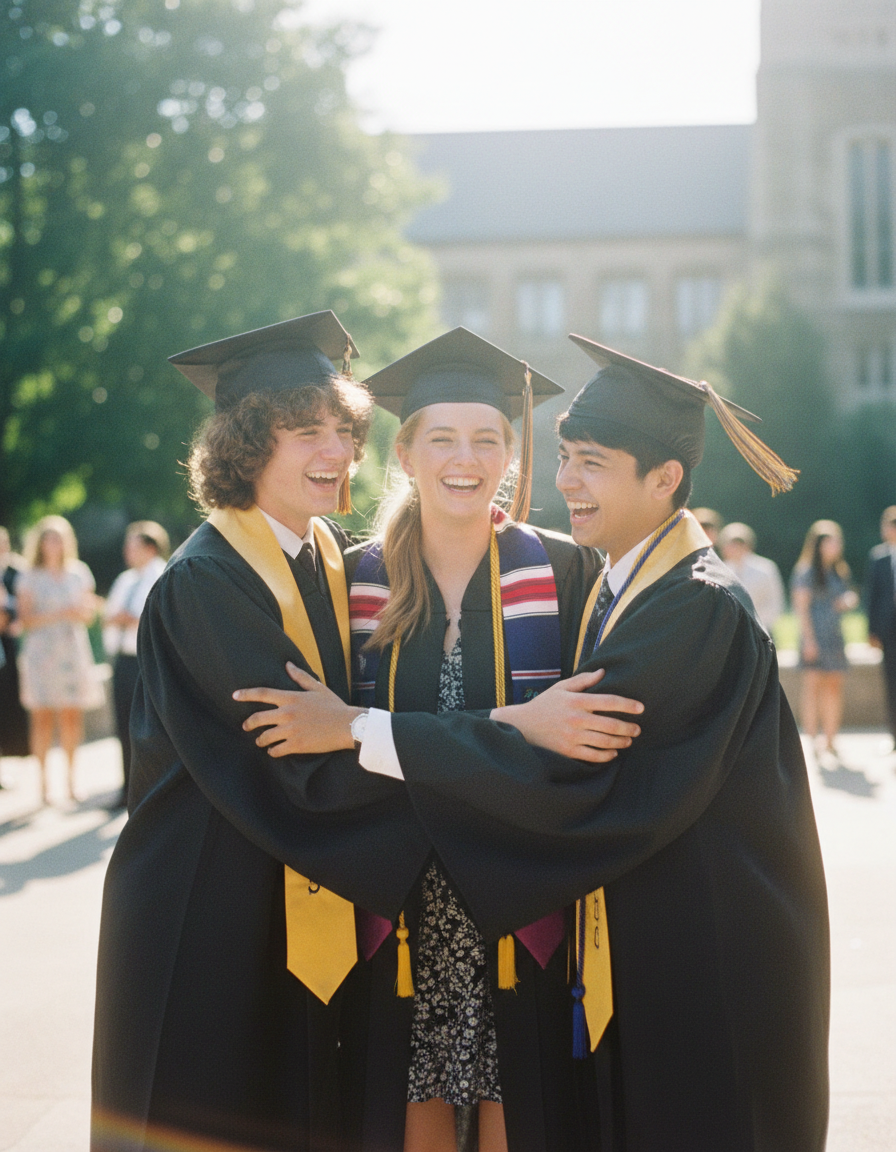 Three graduates hugging and laughing in gowns
