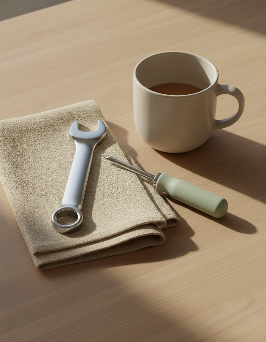 Neatly arranged hand tools on a kitchen counter
