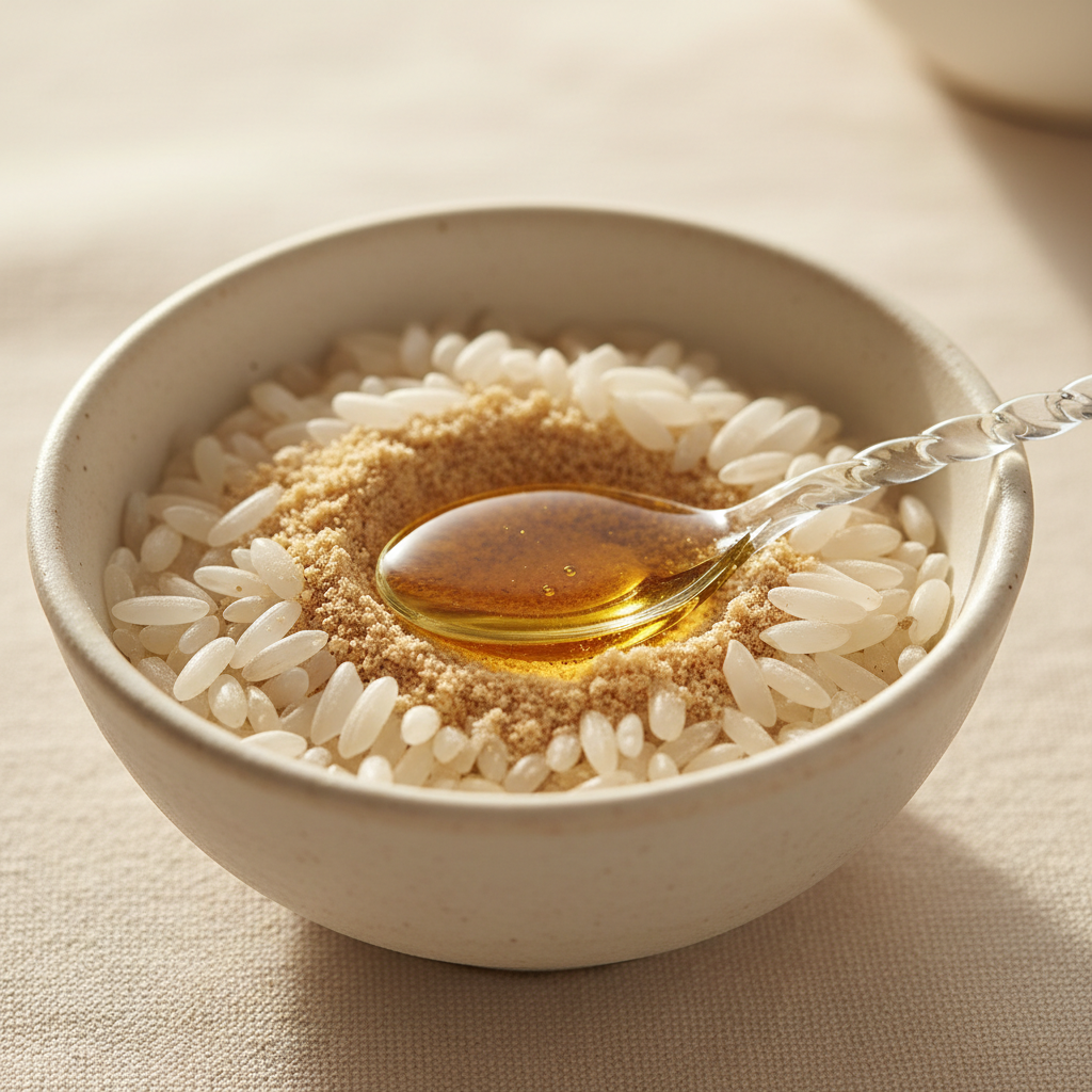 Rice grains and rice bran with a spoon of rice bran oil
