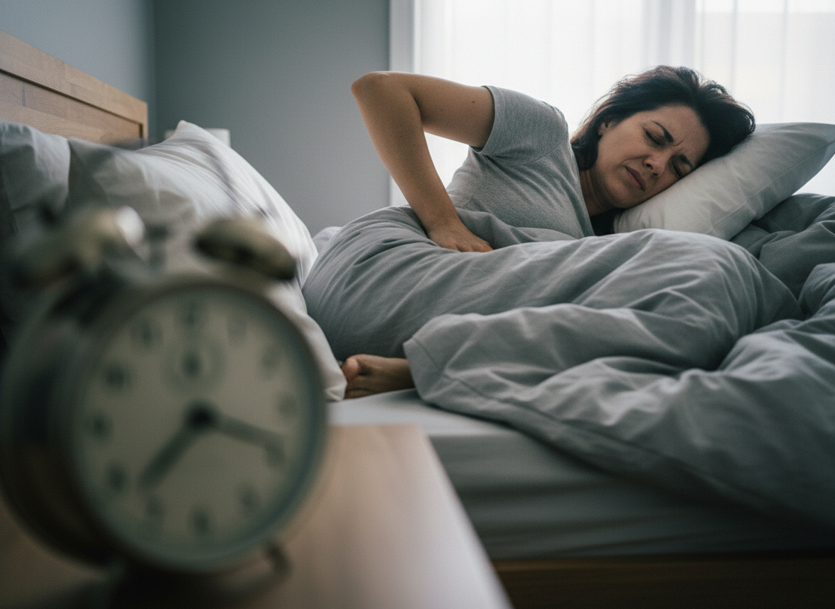 Woman lying on her side in bed in the morning, holding her sore hip