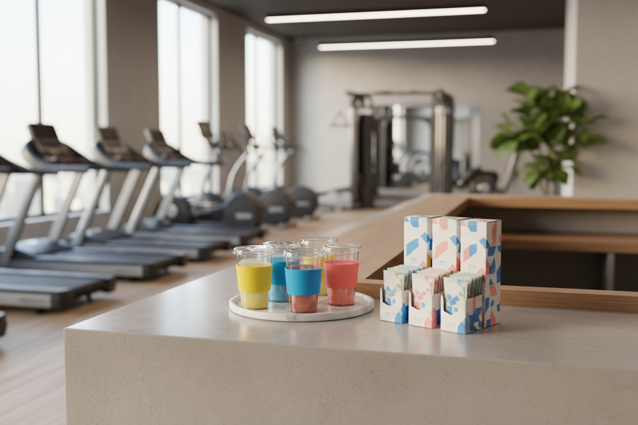Gym front desk counter with a display of brightly colored drinks and stacked cases of drink packets