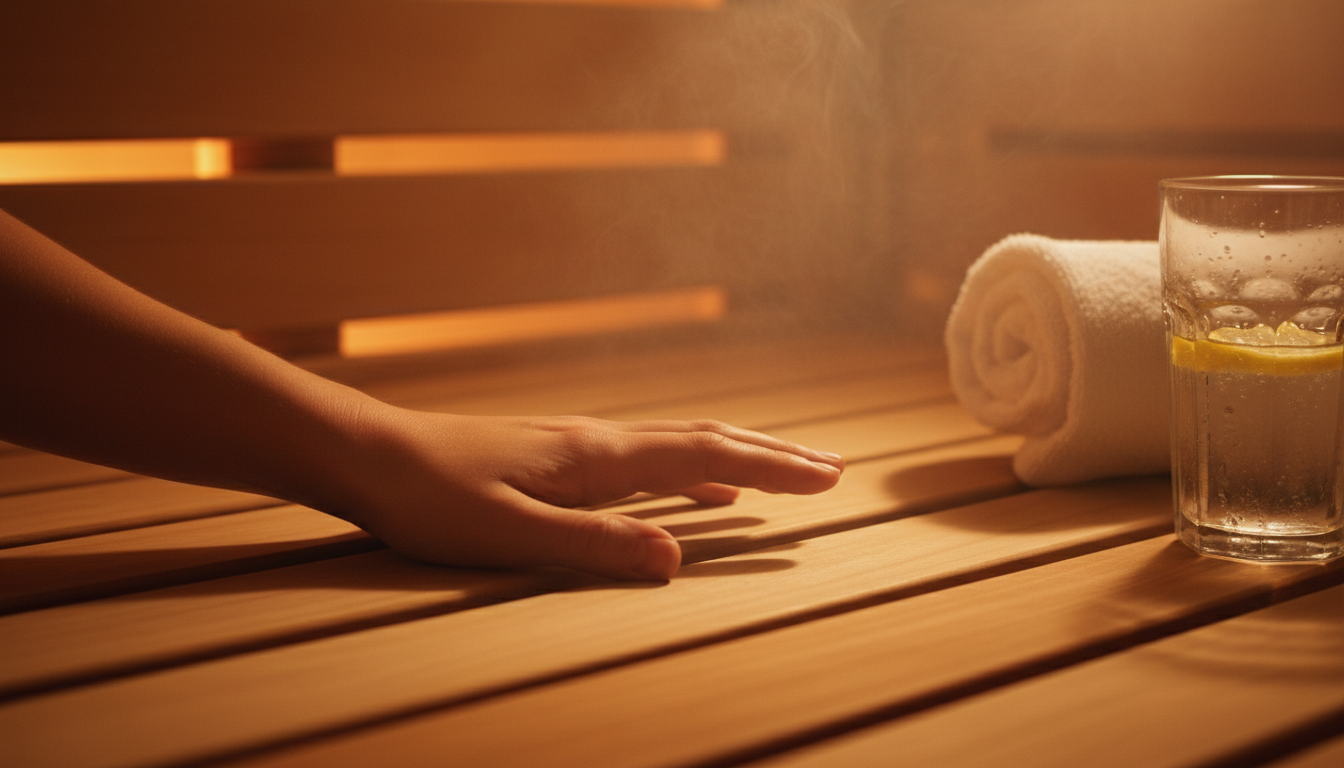 A relaxed hand resting on warm cedar slats inside a sauna, with a towel and a glass of lemon water nearby